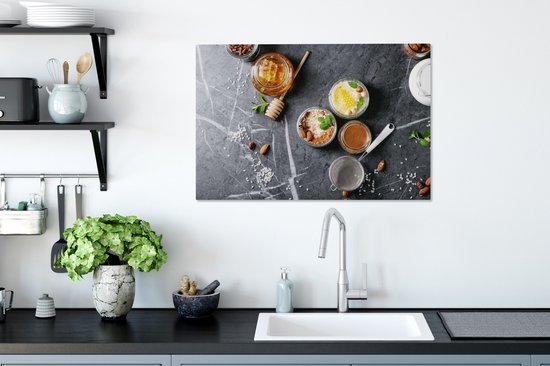 Canvas Schilderij Honing - Specerijen - Keuken - Marmer - 60x40 cm - Wanddecoratie