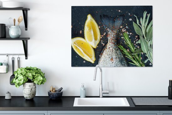Tableau sur toile Poisson - Citroen - Herbes - 80x60 cm - Décoration murale