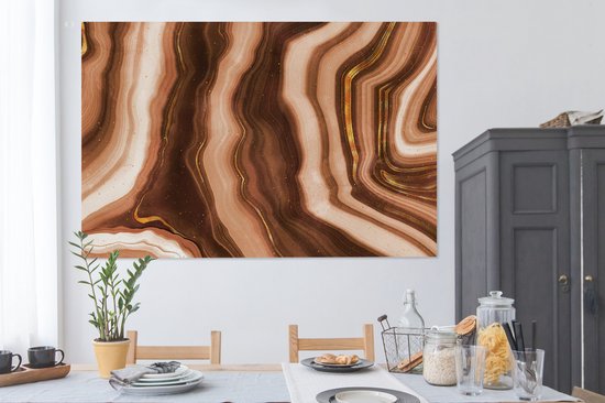 Canvas schilderij 150x100 cm - Wanddecoratie Agaat - Bruin - Goud - Geode steen - Muurdecoratie woonkamer - Slaapkamer decoratie - Kamer accessoires - Schilderijen