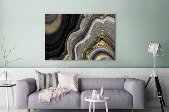 Toile Peinture Marbre - Pierre - Agate - Noir et Or - 140x90 cm - Décoration murale