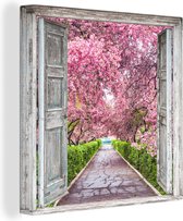 Canvas Schilderij Sakura - Doorkijk - Boom - Kersenbloesem - 90x90 cm - Wanddecoratie