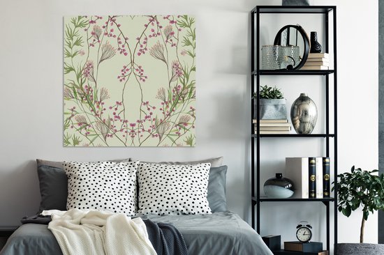 Canvas Schilderij Groen - Pastel - Bladeren - Bloemen - 90x90 cm - Wanddecoratie