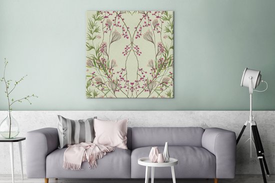 Canvas Schilderij Groen - Pastel - Bladeren - Bloemen - 90x90 cm - Wanddecoratie