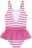 Achterkant roze en wit gestreept badpak met Minnie Mouse. Met roze tule rokje en mintgroene strikjes op de schouders.