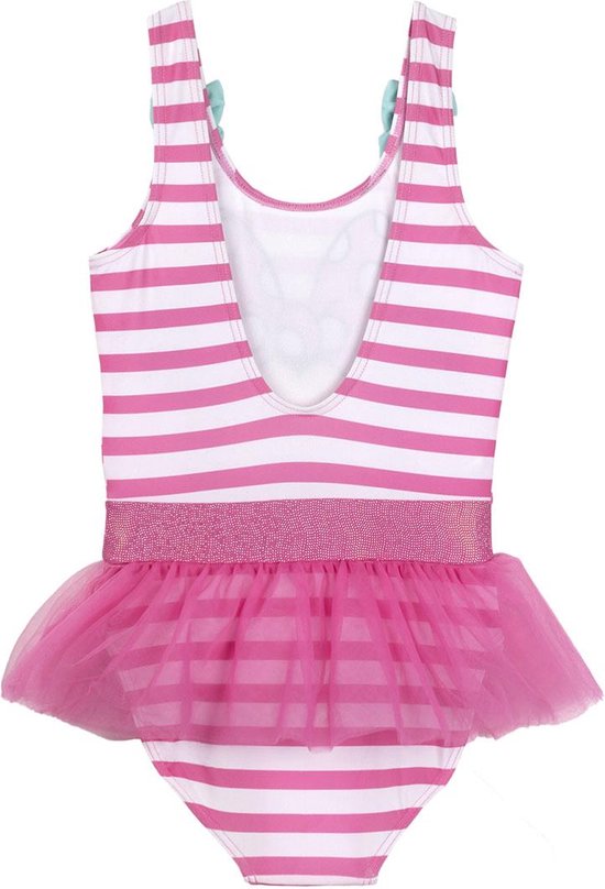 Achterkant roze en wit gestreept badpak met Minnie Mouse. Met roze tule rokje en mintgroene strikjes op de schouders.