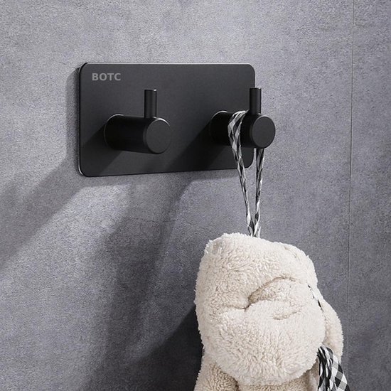 BOTC Handdoekhouder RVS - Handdoekhaakjes 2 in 1 RVS Zelfklevend - Rechthoekig Handdoek Haakjes - Handdoekhaak - Zwart