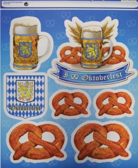 Sticker vel met Oktoberfest-thema: bierpullen, krakelingen, wapenschild en "Oktoberfest" tekst.