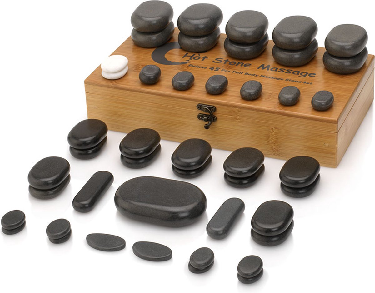 Goedkoopste ZenGrowth® Hotstones 45 stuks – inclusief bamboe opbergdoos – voor het hele lichaam –massage stenen – 100 basaltsteen