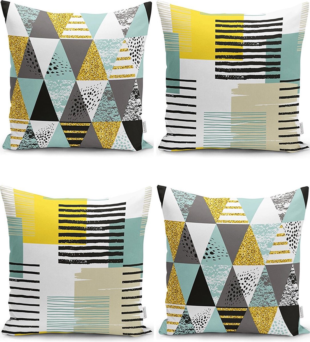 Sierkussens set van 4 stuks - INCLUSIEF BINNENKUSSENS 45x45 cm - ruiten - geel - zwart - groen - wit - dubbelzijdig bedrukt - kussensloop - kussens woonkamer - kussenhoes