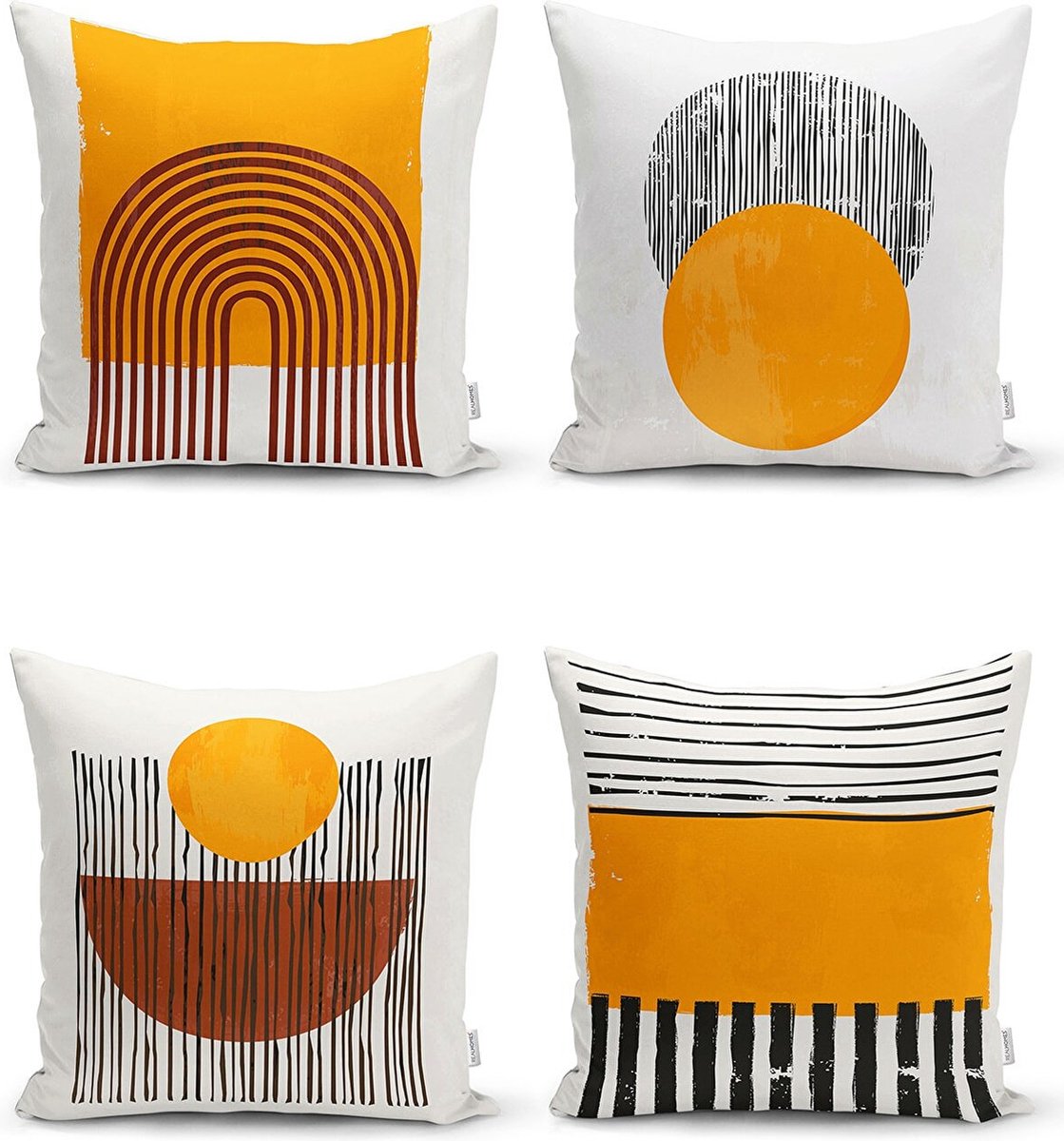 Sierkussens set van 4 stuks - INCLUSIEF BINNENKUSSENS 45x45 cm - abstract - sunrise - bruin - zwart - grijs - geel - dubbelzijdig bedrukt - kussensloop - kussens woonkamer - kussenhoes