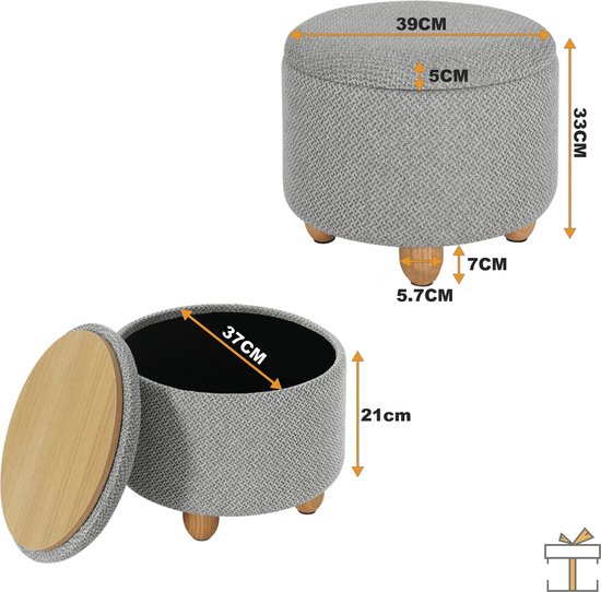 Happyment® Pouf moderne - Repose-pieds avec espace de Opbergbox - Boîte de rangement hocker - Boîte siège avec couvercle - 2en1 - 39x39x40cm - Grijs