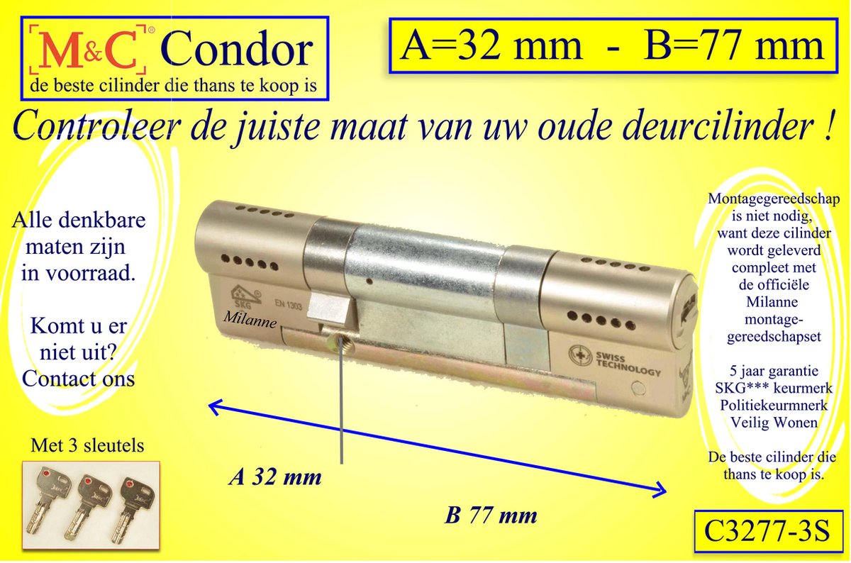 M&C Condor - High Security deurcilinder - SKG*** - 32x77 mm - Politiekeurmerk Veilig Wonen - inclusief gereedschap montageset