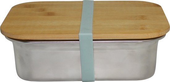 Broodtrommel - Lunchbox - Brooddoos - Broodtrommel kinderen en volwassenen - Lunchtrommel - Broodtrommels - Met elastiek en losse deksel - Rechthoekig - RVS en bamboe - Zilver en Bruin