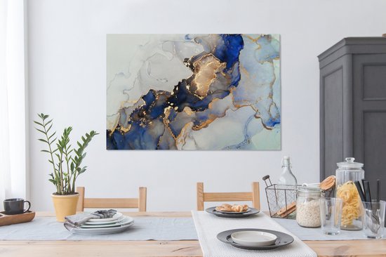 Toile Peinture Marbre - Blauw - Or - 140x90 cm - Décoration murale