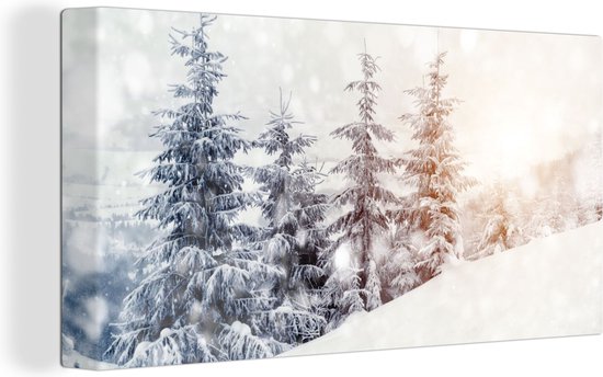 Canvas Schilderij Boom - Sneeuw - Winter - 40x20 cm - Wanddecoratie