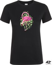 Klere-Zooi - Flamingo met Drankje - Zwart Dames T-Shirt - XL