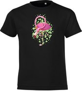 Klere-Zooi - Flamingo met Drankje - Zwart Kids T-Shirt - 140 (9/11 jr)
