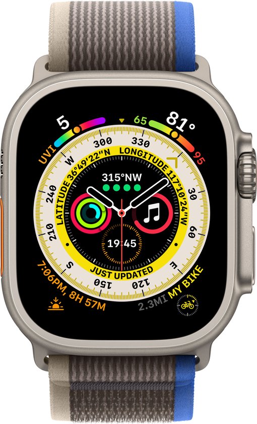 Apple Watch Ultra - 4G/LTE - 49mm - Kast van titanium - Blauw/Grijs Trail bandje - M/L