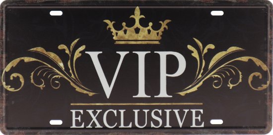 Plaque métallique noire avec des ornements dorés, une couronne et le texte "VIP EXCLUSIVE".