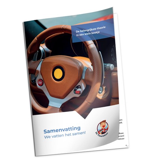 Theorieboek 'S'amen-vatting' met een leren stuur van een sportauto.