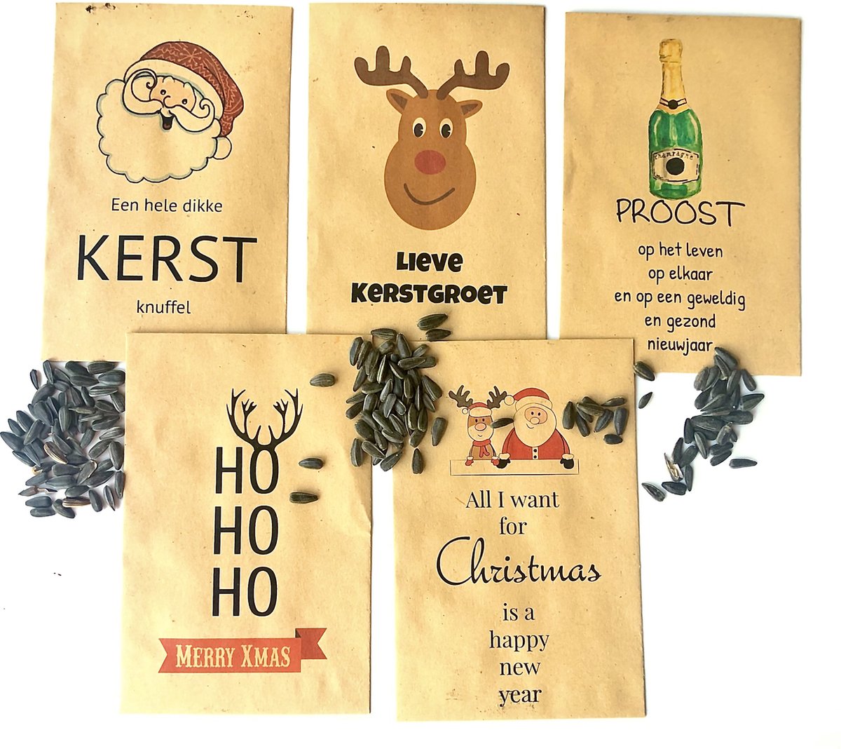 10 Kraft zakjes Kerst met zonnebloemzaden, 5 teksten,Kerst, kleine kadootjes, zonnebloemen, kraft, 10 stuks, maatwerk mogelijk, pesonaliseren,