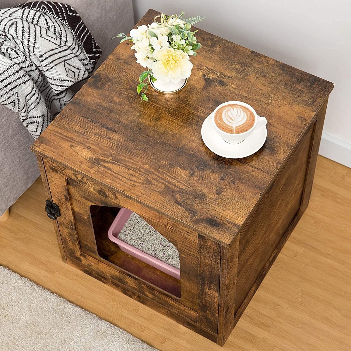 Hzuaneri Cat Cabinet, Cat Toilet, Cat Cabinet with Door, Wooden Side Table For Pet House, 50 x 60 x 61cm, Stable Cat Cabinet, Black and Gold CB81204G