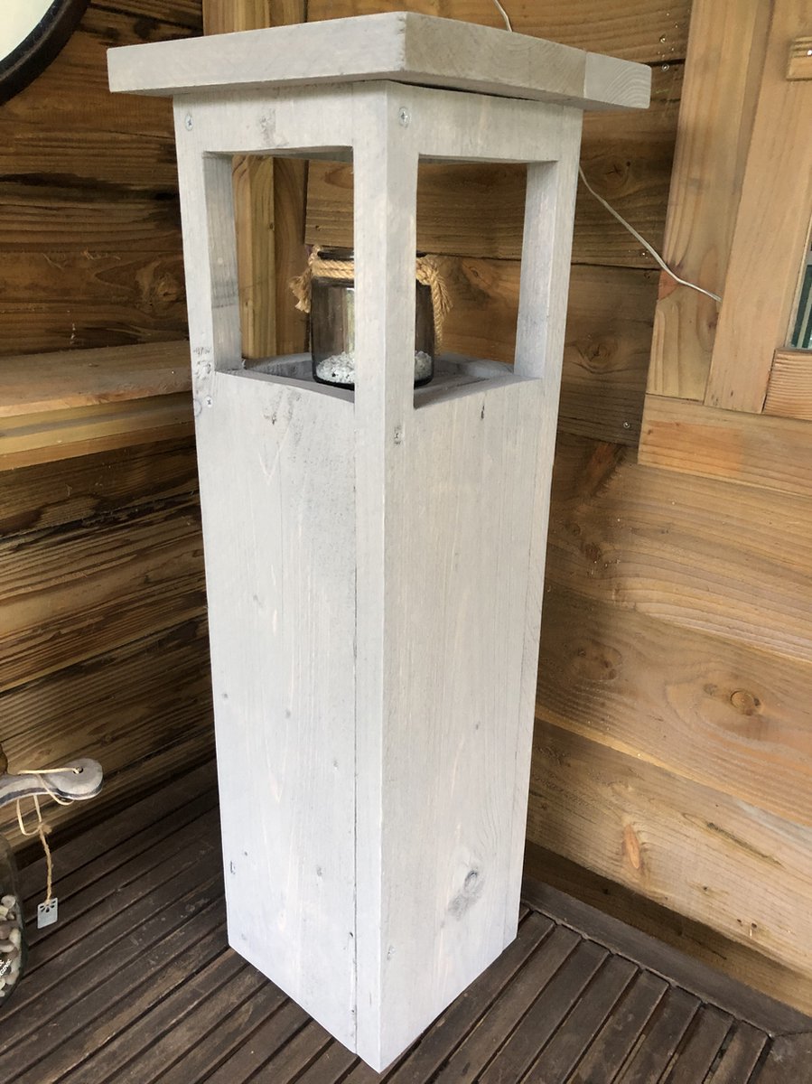 Steigerhouten zuil, hoogte 80 cm, gegreywashed