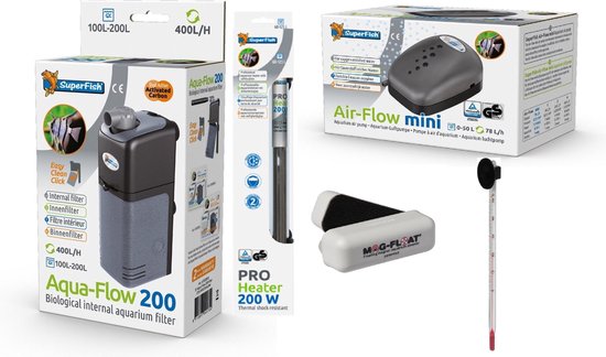 Superfish – Opstart set – Aquaflow 100 + verwarming heater 100W + Luchtpomp air flow mini + Thermometer + Algenmagneet – Complete set geschikt voor aquarium tot 125 Liter