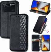 Luxe PU Lederen Ruitpatroon Wallet Case + Screenprotector voor Xiaomi Poco M4 Pro 5G _ Zwart