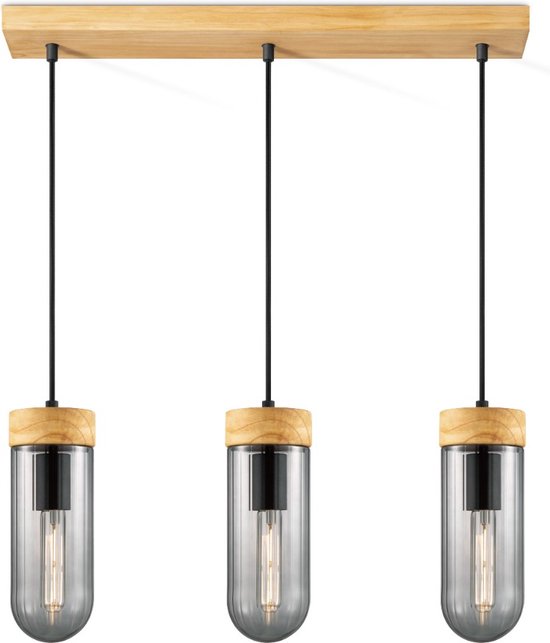 Home Sweet Home - Moderne Hanglamp Capri - 3 lichts hanglamp gemaakt van Glas en Hout - Rook - 60/10/132cm - Dekra getest - geschikt voor E27 LED lichtbron