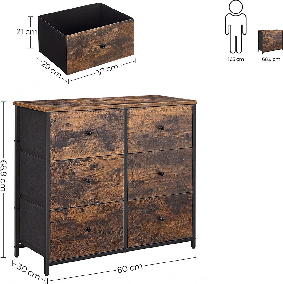 Signature Home Keynes commodekast - commode met 6 stoffen lades met MDF ...