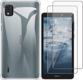Hoesje geschikt voor Nokia C2 2nd Edition - Anti Shock Proof Siliconen Back Cover Case Hoes Transparant - 2x Tempered Glass Screenprotector