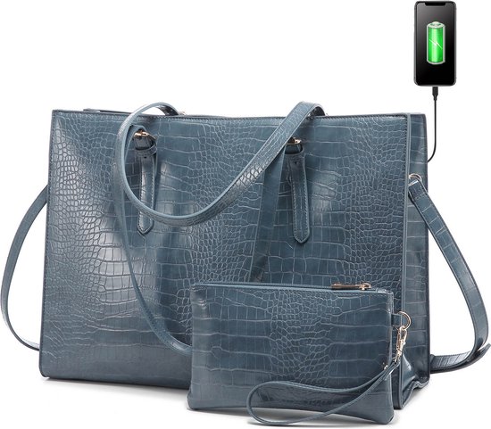 Lubellie® Crolina Tweedelige elegante Dames Handtassen set met een USB-oplaad poort - Dames laptoptas - Schoudertas - Een laptopvak voor 15,6 inch Laptops - Met gratis clutch - Blauw