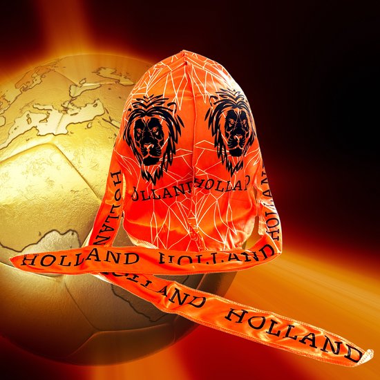 Oranje bandana met leeuwenkop en HOLLAND tekst, voor een gouden voetbal.