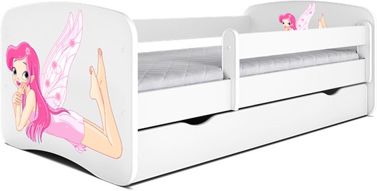 Kinderbed 90x200cm in massief hout met veiligheidsbarrière en 2 laden - Wit