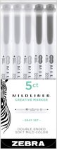 Zebra Mildliner Double Sided Tekstmarkers Fine & Bold – Grijs Colours- Set van 5 verpakt in een handige Zipperbag