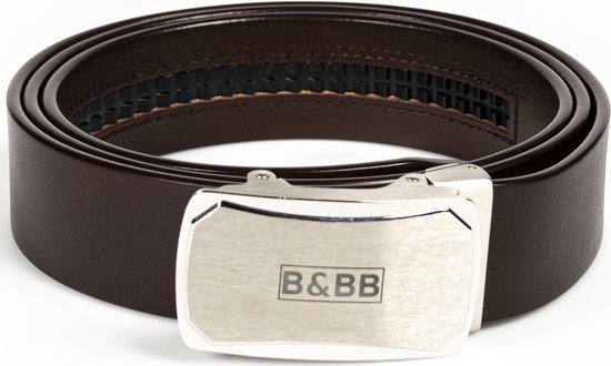 Black & Brown Belts - 125 CM Bruine Leren Riem - Zilveren Gesp Curved - Automatische Riem Zonder Gaatjes - Inclusief Op-Maat-Maak-Video - Echt Runderleer - Meerdere Maten & Kleuren - Uniek Cadeau
