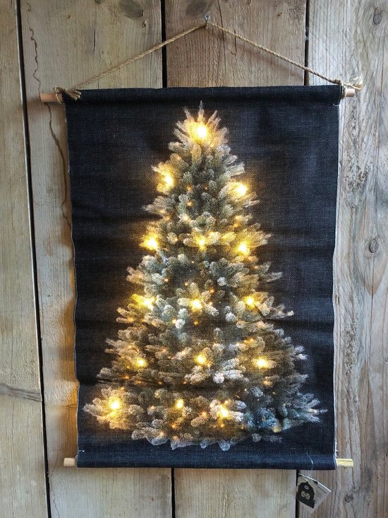 Sapin de Noël en tissu mural en lin avec éclairage LED. 40x60cm. 2 piles  AA.