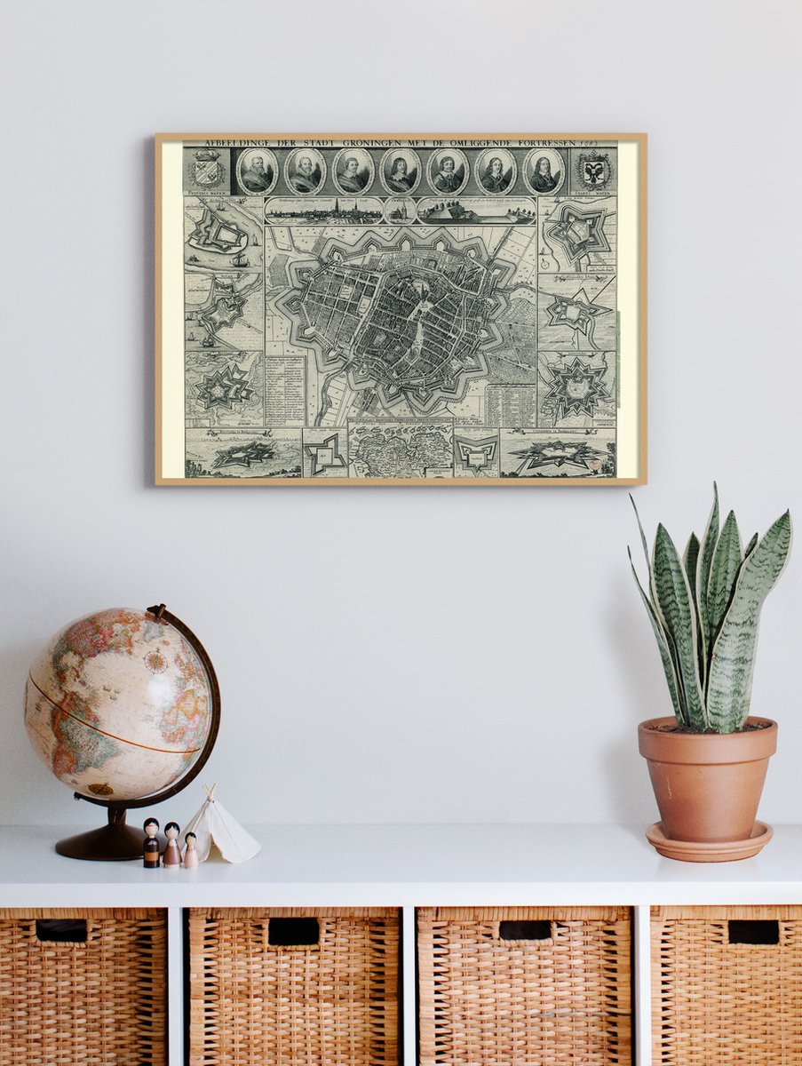 Esque Poster In Houten Lijst - Historische Oude Kaart Groningen - Stadsplattegrond 1652 - 50x70 cm