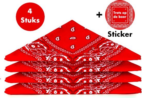 Boerenzakdoek Rood – Rode Zakdoek – Boerenzakdoek – Bandana -Unisex – 55 cm x 55 cm – 4 Stuks + Boerensticker