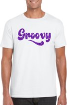 Wit Flower Power t-shirt Groovy met paarse letters heren - Sixties/jaren 60 kleding L