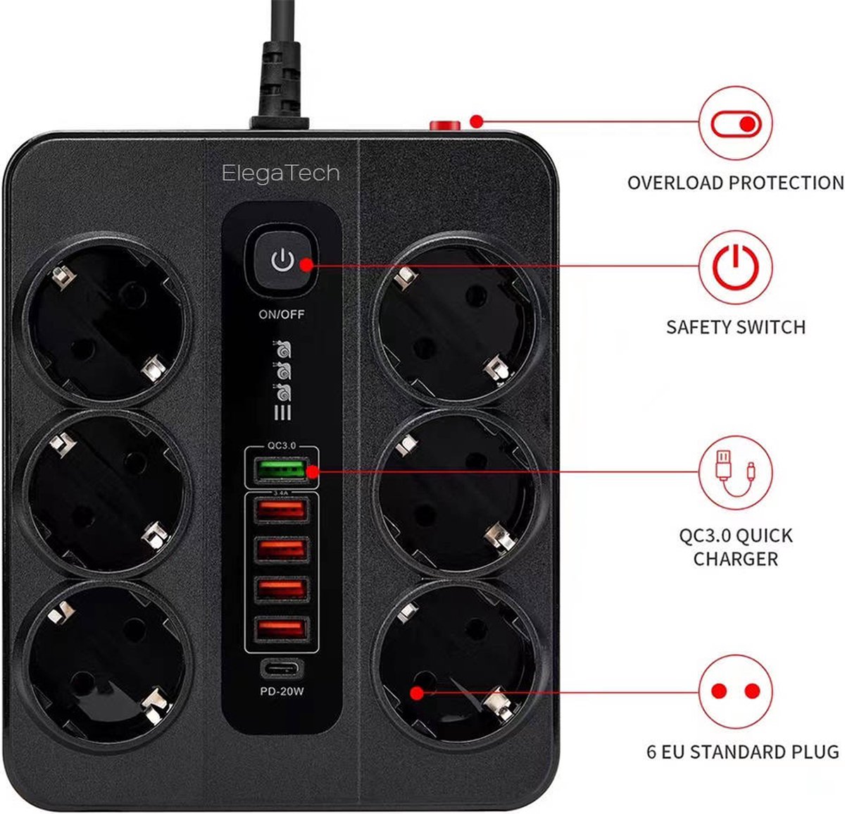 Elegatech Stekkerdoos Met 6 Eu Uitgangen 5 Usb Poorten And 1 Usb C Fast 