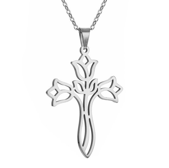 Fako Bijoux® - Ketting Met Kruisje Tulpen - Stainless Steel - RVS - Staal - Zilverkleurig