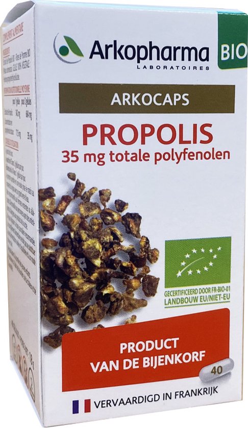 Foto: Arkopharma propolis bio harsachtige stof verzameld door bijen uit de knoppen van verschillende planten of uit de schors van bomen 40 capsules