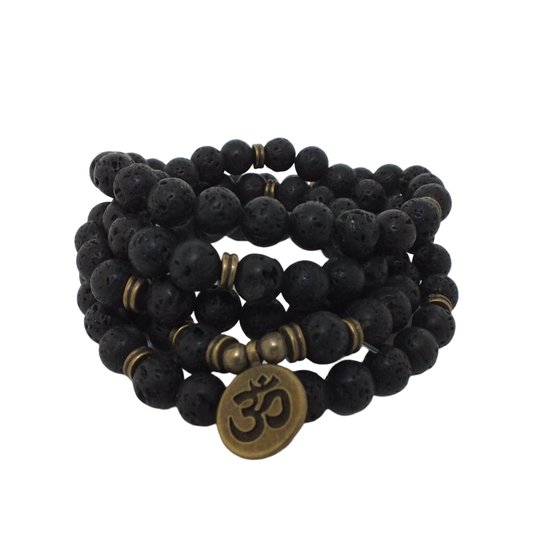 108 Perles Ohm Mala Bracelet / Collier Noir - Femmes / Hommes - 8mm Lava Rock - Bouddhisme - Yoga - Méditation - Bouddha - Bouddha - Collier de perles - Chapelet