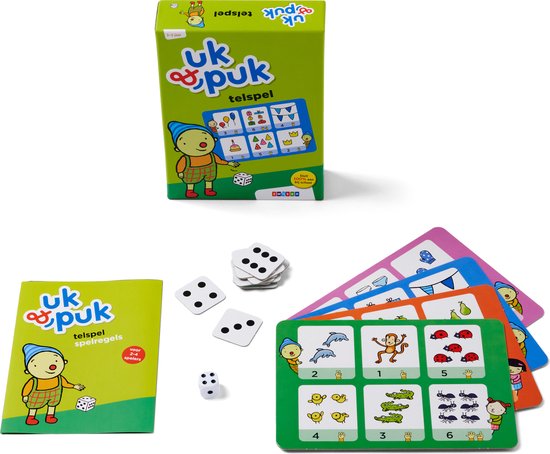 De doos en onderdelen van het Uk & Puk telspel: speelkaarten met dieren, ballonnen, cadeaus en cijfers 1 t/m 6. Drie dobbelstenen.