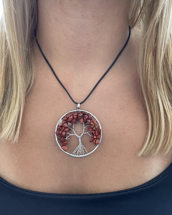 ASTRADAVI Kristal Tree of Life - Hanger - Levensboom Positieve Energie Hanger met Ketting - Chakra Kristal Edelstenen - Rood Bordeaux Kristallen met Zwart Vegan Lederen Koord - Cadeau Idee