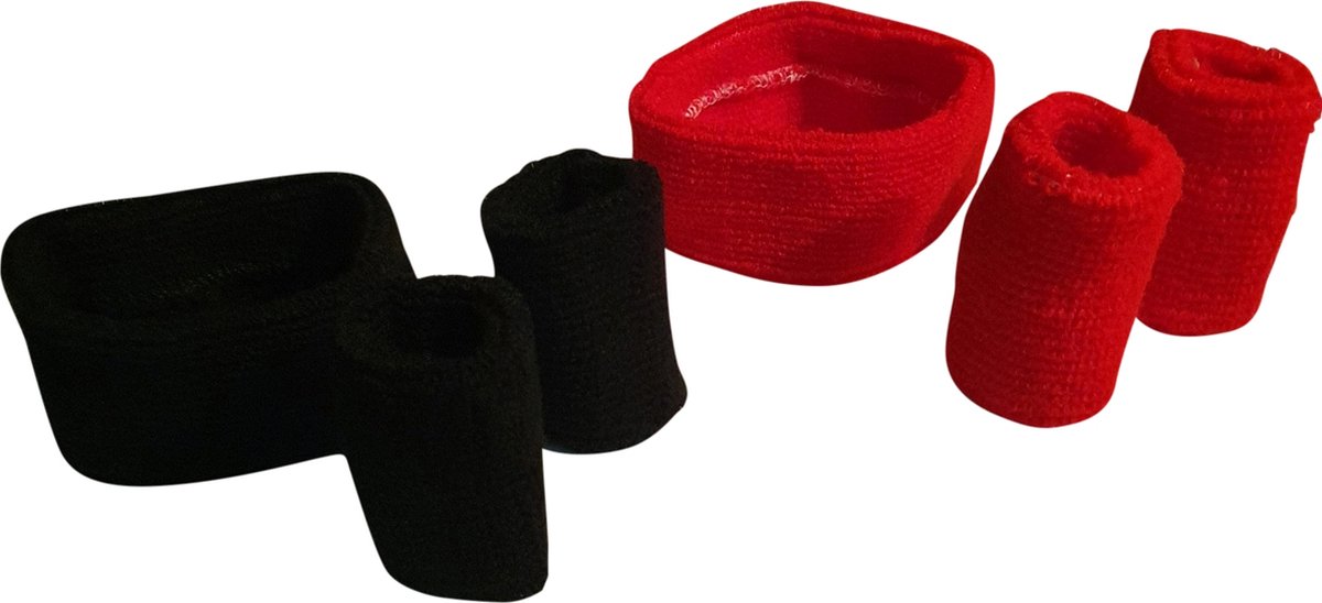 4 Sets zweetbandjes - 2 polsbandjes, 1 hoofdband - rood/zwart