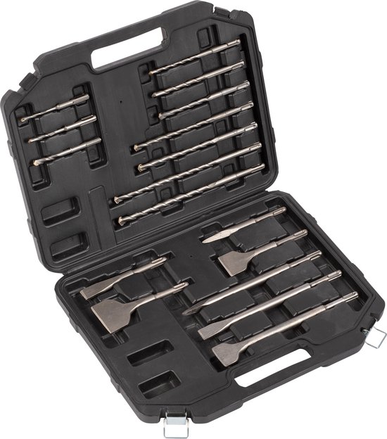 Open zwarte kist met diverse SDS-plus boor- en beitelaccessoires. Wit achtergrond.