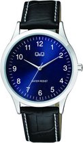 Q&Q C08A-012PY - Horloge - Heren - Mannen - Leren band - Rond - Staal - Cijfers - Zwart - Zilverkleurig - Blauw